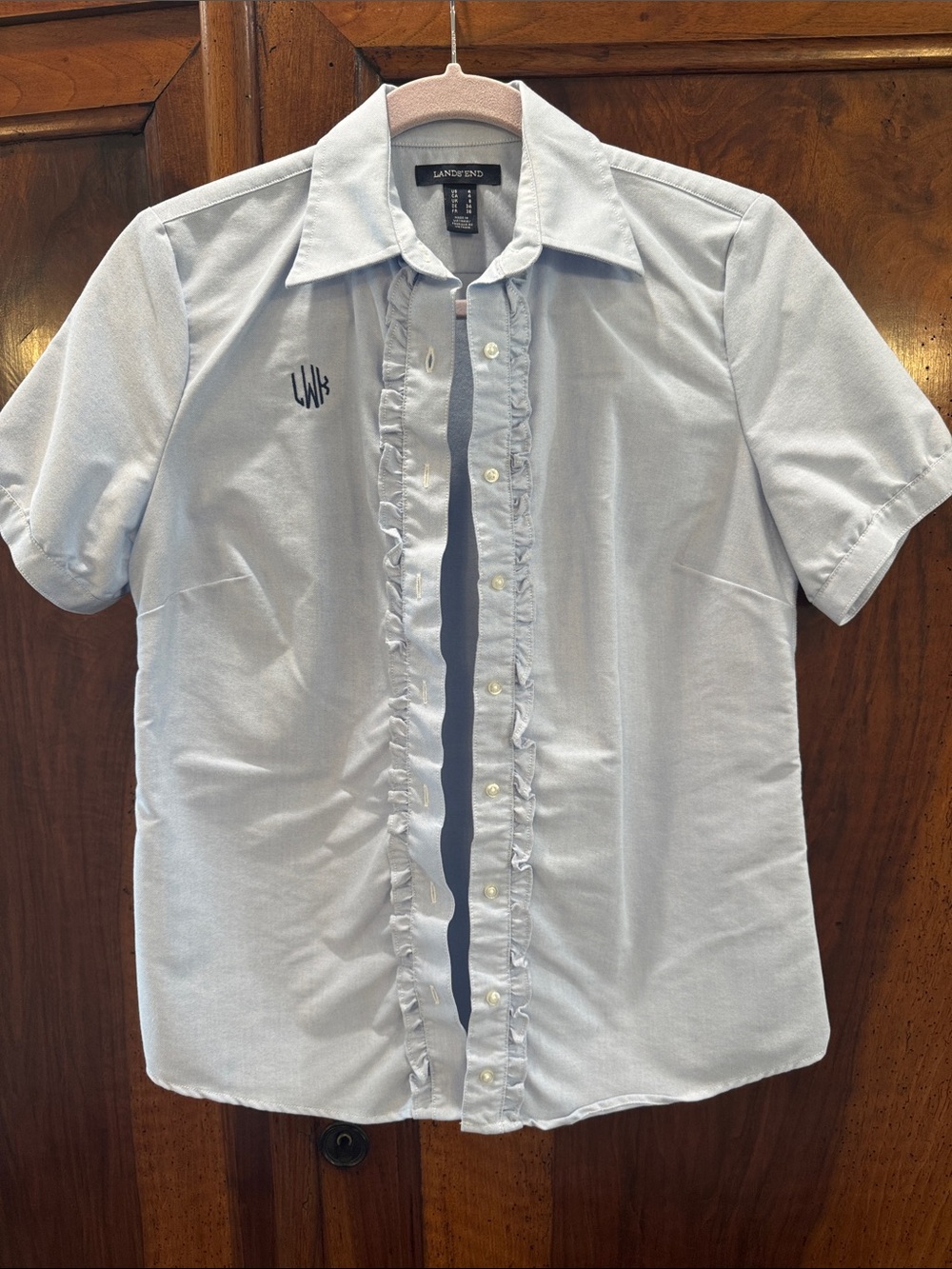 Lands' End Light Blue Short-Sleeve Ruffle Button-Front Shirt